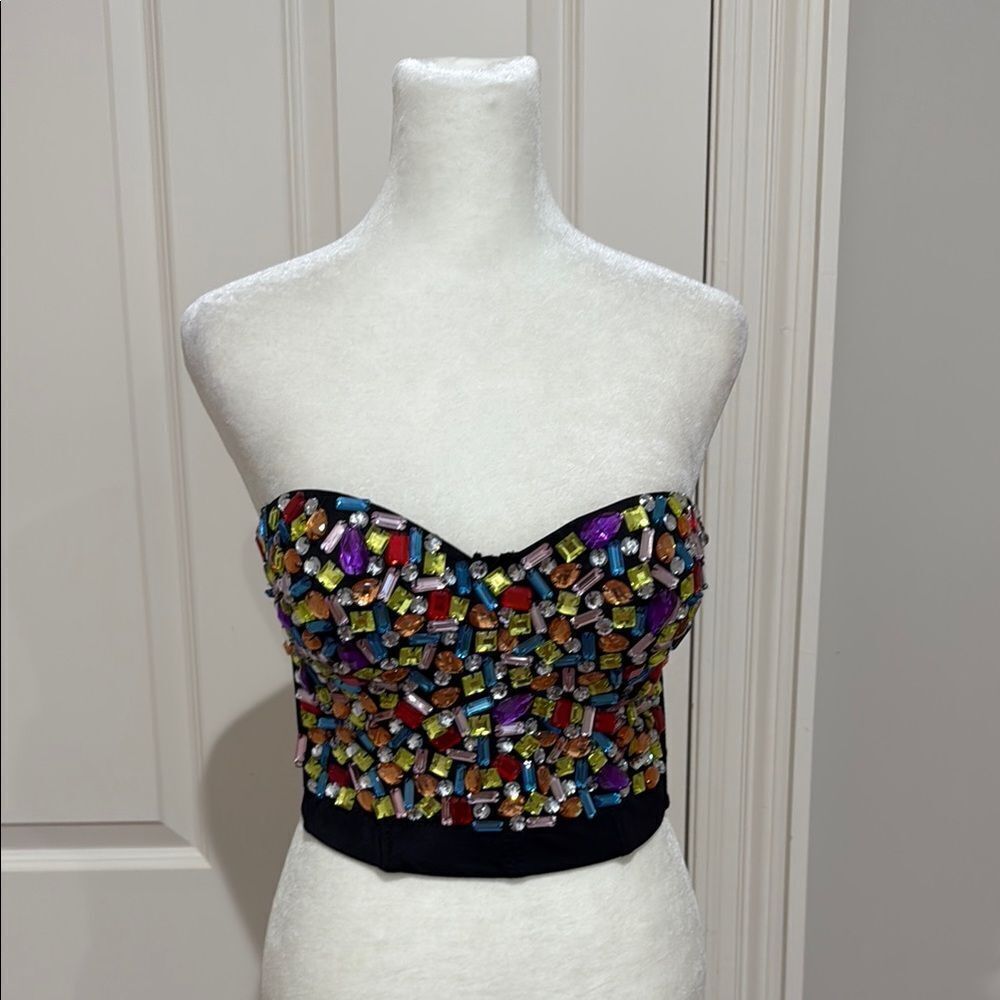Lydia Colorful Jeweled  Beaded Strapless Cropped Corset  Top Size Large